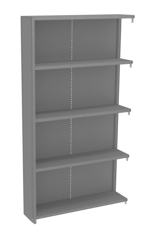 A tall, gray metal shelving unit with five evenly spaced shelves. Each shelf is adjustable and the structure is supported by perforated side panels for flexibility. The unit is empty and stands against a plain white background.