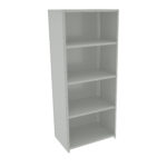 A gray, tall metal shelving unit with four open shelves. The structure is simple and industrial, suitable for storing items in a garage, workshop, or office setting.