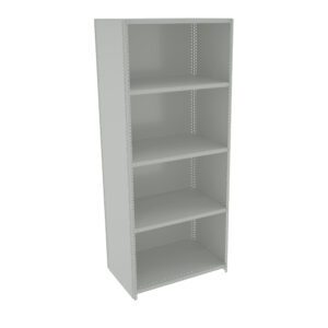 A gray, tall metal shelving unit with four open shelves. The structure is simple and industrial, suitable for storing items in a garage, workshop, or office setting.
