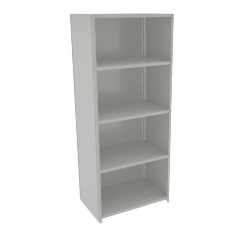 A gray, tall metal shelving unit with four open shelves. The structure is simple and industrial, suitable for storing items in a garage, workshop, or office setting.