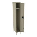 A tall, beige metal locker with a partially open door, revealing an interior shelf and a hanging rod. The locker stands on four legs, with a black latch on the door for securing it.