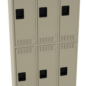 A set of six beige metal lockers arranged in two vertical columns of three. Each locker has a black handle and small ventilation slots near the top and bottom. The lockers are freestanding, with visible legs at the base.