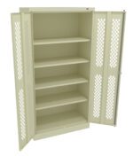 A beige metal storage cabinet with open doors revealing five empty shelves. The cabinet features diamond-shaped perforations on the doors for ventilation.