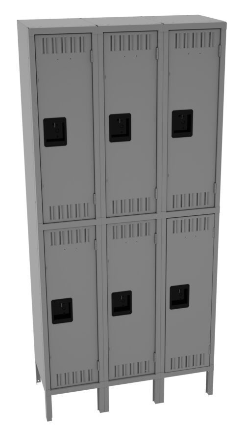 kder7zvkzp6d2wpcyovk.jpg A gray, metal locker unit with six compartments, arranged in two columns and three rows. Each compartment features a black rectangular handle and ventilation slits.