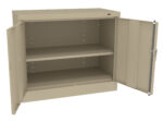 Open beige metal storage cabinet with two shelves and two doors. The cabinet is empty, and the doors are wide open, revealing adjustable shelf positions inside.
