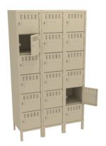 A beige, multi-tiered metal locker unit with three columns and five rows. Each locker has a vented door with a small padlock clasp. Two of the lockers are open, revealing empty interior spaces.
