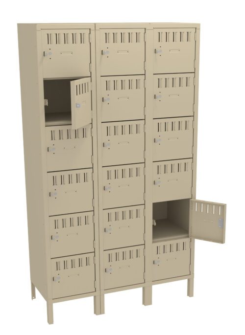 A beige, multi-tiered metal locker unit with three columns and five rows. Each locker has a vented door with a small padlock clasp. Two of the lockers are open, revealing empty interior spaces.