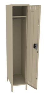 A beige metal locker with its door open, revealing an empty interior. Inside, there is a horizontal rod for hanging items and a shelf at the bottom. The locker has ventilation slits on the door and stands on small legs.