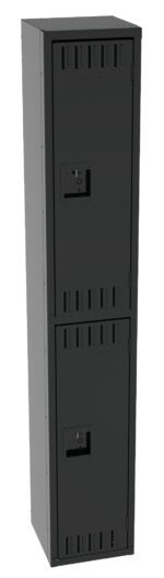 A tall, black metal locker with two compartments, each featuring its own lockable door. The locker has ventilation slits on the top and bottom sections.
