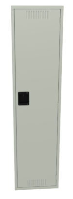 A tall, light gray metal locker with a black rectangular handle in the center. The locker door has vents at the top and bottom for ventilation. The surface is smooth and unadorned.