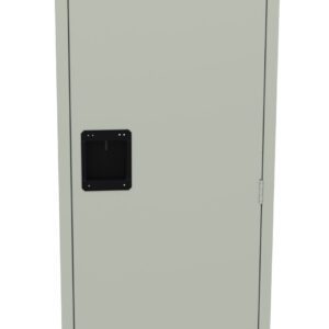 A tall, light gray metal locker with a black rectangular handle in the center. The locker door has vents at the top and bottom for ventilation. The surface is smooth and unadorned.