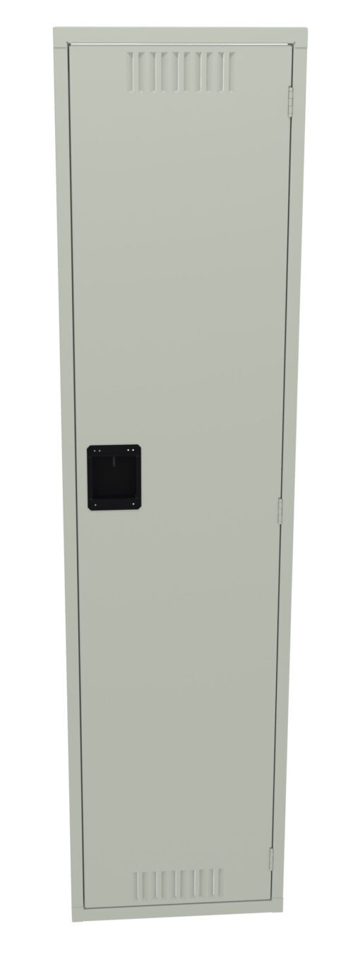 A tall, light gray metal locker with a black rectangular handle in the center. The locker door has vents at the top and bottom for ventilation. The surface is smooth and unadorned.