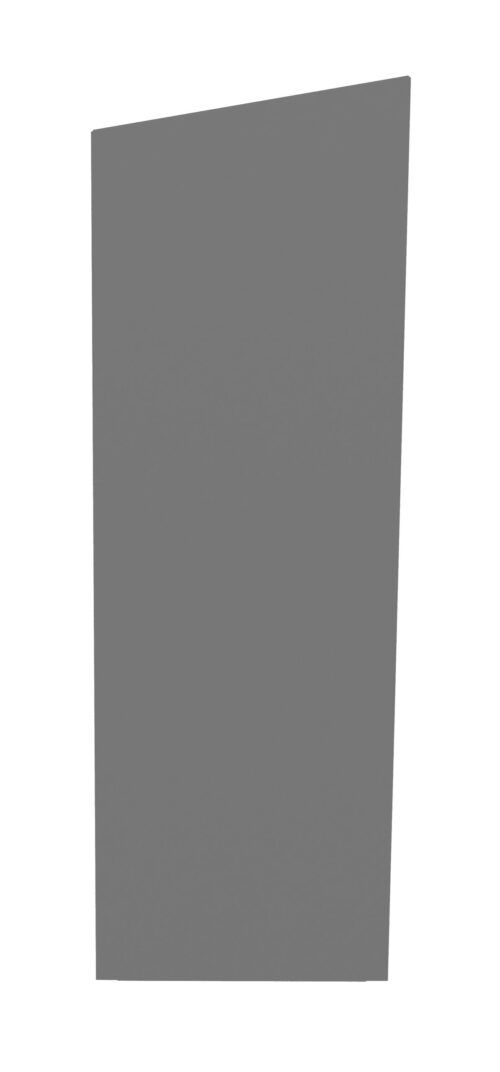A tall, sleek, gray monolith with a slightly tilted top standing against a white background. Its smooth surface reflects minimal light, giving it a modern and minimalist appearance.