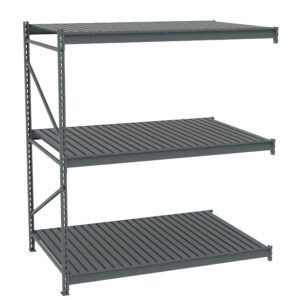 A gray metal industrial shelving unit with three tiers. The shelves are evenly spaced, featuring a slatted design. The unit is structured with vertical support beams on each side.
