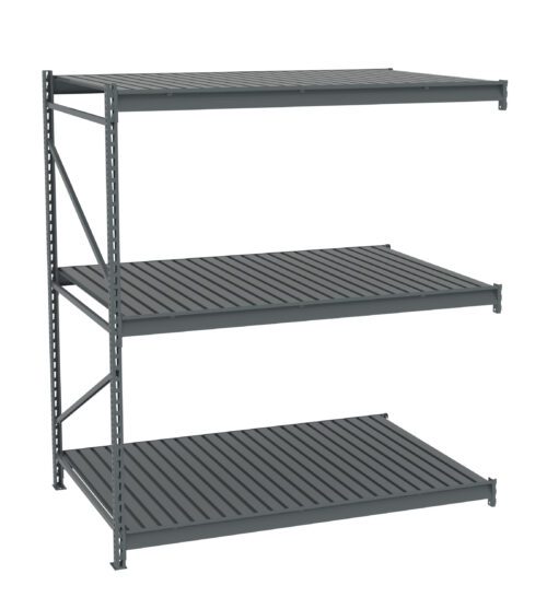 kei26613jlhjyfepegys.jpg A gray metal industrial shelving unit with three tiers. The shelves are evenly spaced, featuring a slatted design. The unit is structured with vertical support beams on each side.