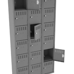 A tall, gray metal locker with three columns and multiple compartments, some of which are open. Each compartment has a vented door with a small lock and label holder. The locker is viewed from the front.