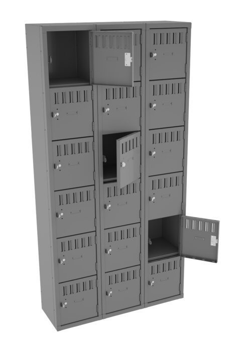 A tall, gray metal locker with three columns and multiple compartments, some of which are open. Each compartment has a vented door with a small lock and label holder. The locker is viewed from the front.