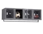 A metal wall-mounted locker unit with four compartments. Two compartments are open, revealing a soccer ball in one and a football in the other. The unit is gray with transparent plastic doors.