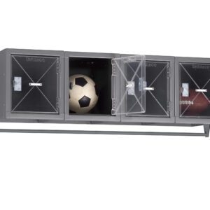 A metal wall-mounted locker unit with four compartments. Two compartments are open, revealing a soccer ball in one and a football in the other. The unit is gray with transparent plastic doors.