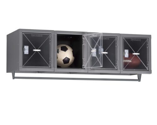 A metal wall-mounted locker unit with four compartments. Two compartments are open, revealing a soccer ball in one and a football in the other. The unit is gray with transparent plastic doors.