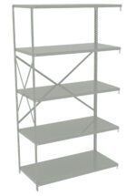 A grey metal shelving unit with five adjustable shelves and cross-bracing for support. The shelving is freestanding and designed for storage, likely used in garages, warehouses, or offices.