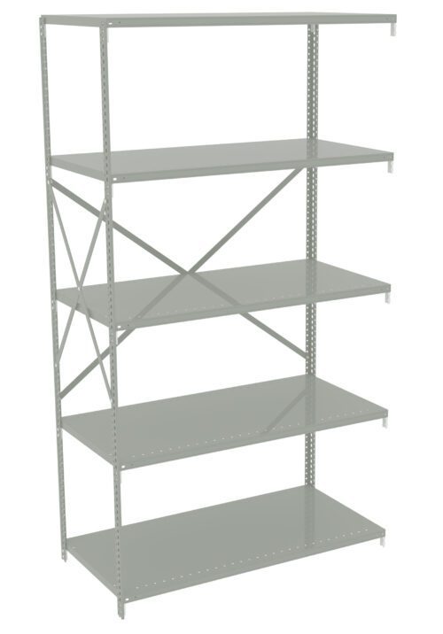 A grey metal shelving unit with five adjustable shelves and cross-bracing for support. The shelving is freestanding and designed for storage, likely used in garages, warehouses, or offices.