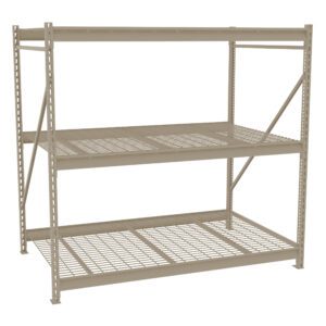 A beige, three-tiered metal storage shelf with a grid design is shown against a plain white background. The unit consists of a sturdy frame and lacks any stored items.
