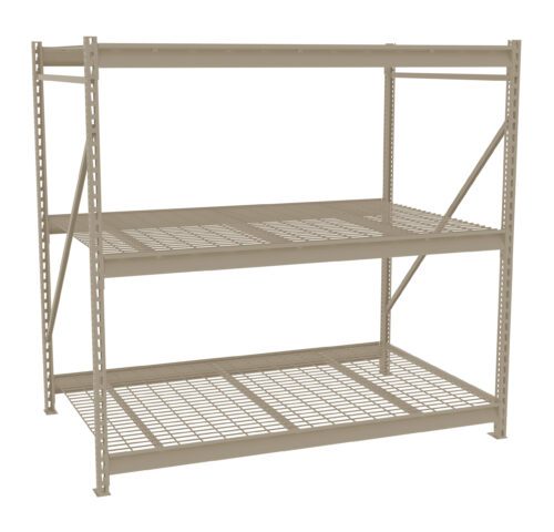 A beige, three-tiered metal storage shelf with a grid design is shown against a plain white background. The unit consists of a sturdy frame and lacks any stored items.