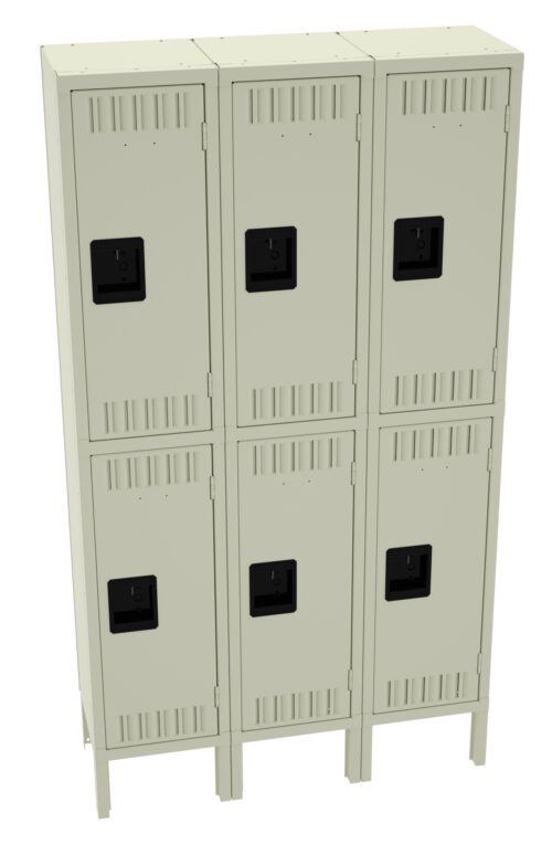 kfbkpl9uhxs37gz2e69n.jpg A set of six beige metal lockers, arranged in two rows of three. Each locker has a black handle and ventilation slots. The lockers have a simple, industrial design and stand on short legs.
