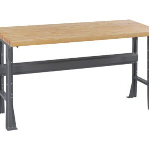 A sturdy workbench with a light wooden top and gray metal legs. The frame includes a horizontal support bar for added stability. The design is simple and practical, suitable for workshops or garages.