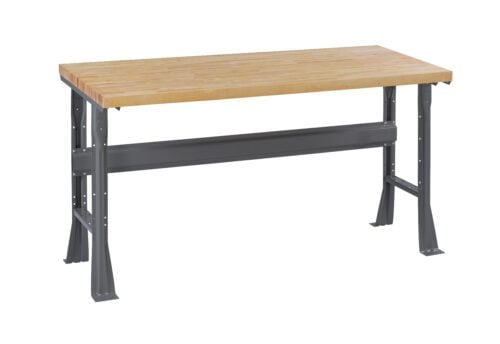 kfktfiqimuqqizs9mzz5.jpg A sturdy workbench with a light wooden top and gray metal legs. The frame includes a horizontal support bar for added stability. The design is simple and practical, suitable for workshops or garages.