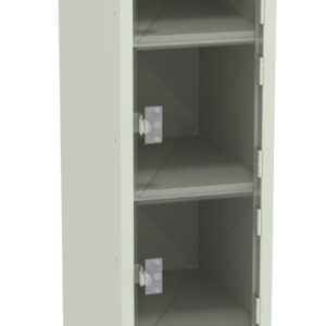 A tall, light-grey metal locker with five open compartments, each featuring a silver locking mechanism on the right side. The locker is standing upright and is empty inside.