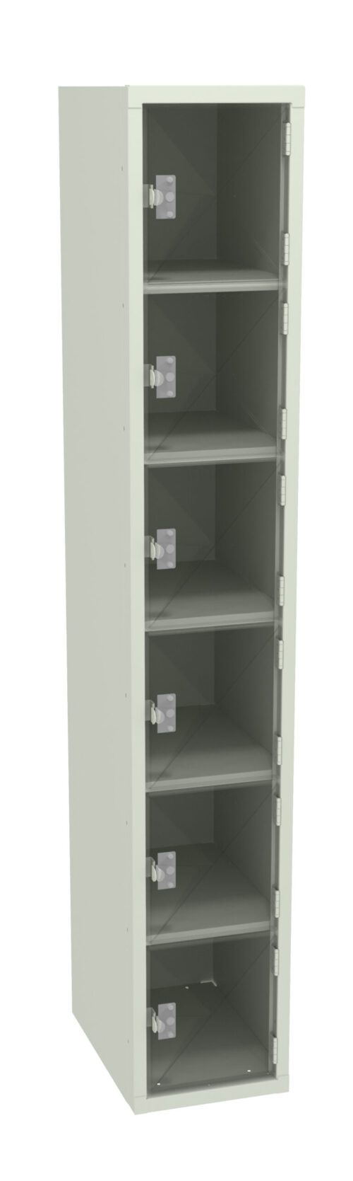 A tall, light-grey metal locker with five open compartments, each featuring a silver locking mechanism on the right side. The locker is standing upright and is empty inside.