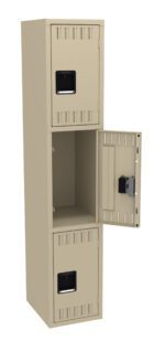 A tall, beige metal locker with three compartments, two closed and the middle one open, revealing a spacious interior. Each compartment has a black handle and air vents. The locker stands upright against a plain background.