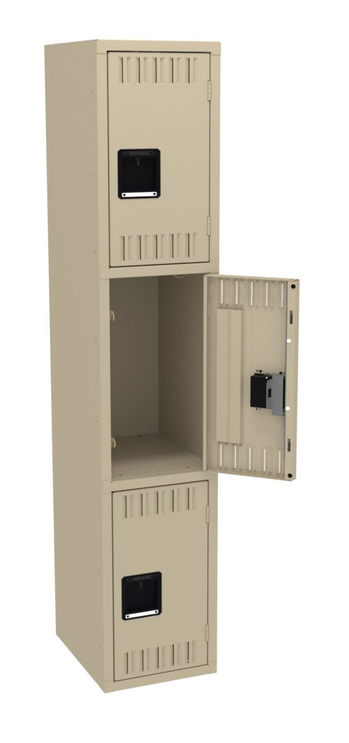 kg5hiuwjwkjsm5jlavmw.jpg A tall, beige metal locker with three compartments, two closed and the middle one open, revealing a spacious interior. Each compartment has a black handle and air vents. The locker stands upright against a plain background.