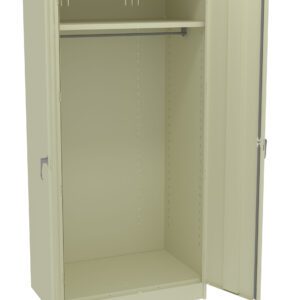 An open, beige metal storage cabinet with one door ajar. Inside, there is a single shelf and a hanging rod. The cabinet is empty, and the exterior has a matte finish.