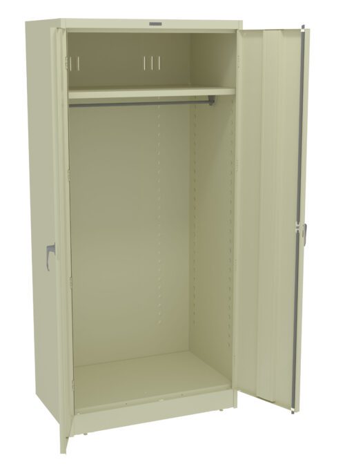 kglohqzhvz60tnugakhi.jpg An open, beige metal storage cabinet with one door ajar. Inside, there is a single shelf and a hanging rod. The cabinet is empty, and the exterior has a matte finish.