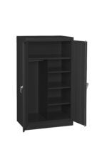 A black metal cabinet with two open doors showcasing multiple shelves on the right and an empty section with a hanging rod on the left. The cabinet stands on a flat surface, with metal handles on each door.
