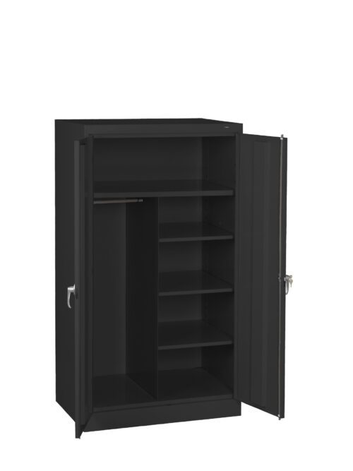 A black metal cabinet with two open doors showcasing multiple shelves on the right and an empty section with a hanging rod on the left. The cabinet stands on a flat surface, with metal handles on each door.