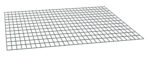 A rectangular metal grid panel with evenly spaced horizontal and vertical bars, forming square openings. The grid is set against a plain white background and angled slightly for a three-dimensional perspective.
