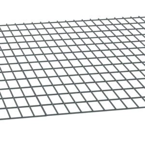 A rectangular metal grid panel with evenly spaced horizontal and vertical bars, forming square openings. The grid is set against a plain white background and angled slightly for a three-dimensional perspective.