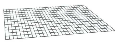 A rectangular metal grid panel with evenly spaced horizontal and vertical bars, forming square openings. The grid is set against a plain white background and angled slightly for a three-dimensional perspective.