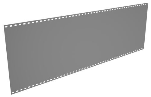 A curved, blank sheet of film with a series of perforated holes runs along the top and bottom edges, set against a plain white background.
