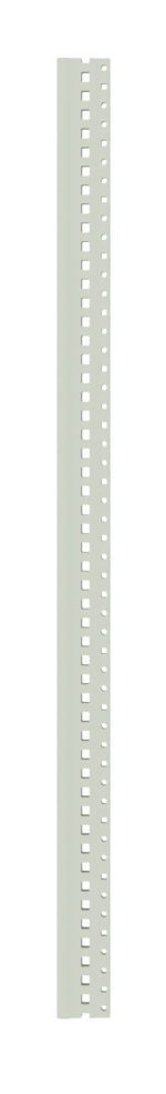 A tall, narrow, vertically oriented metal strip with evenly spaced rectangular cutouts along one side, set against a plain white background.