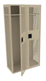 A beige, metal locker with diamond-patterned ventilation holes is shown. One door is open, revealing an empty interior with a shelf and hanging rod. The other door is closed, featuring a black handle.