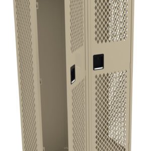 A beige, metal locker with diamond-patterned ventilation holes is shown. One door is open, revealing an empty interior with a shelf and hanging rod. The other door is closed, featuring a black handle.