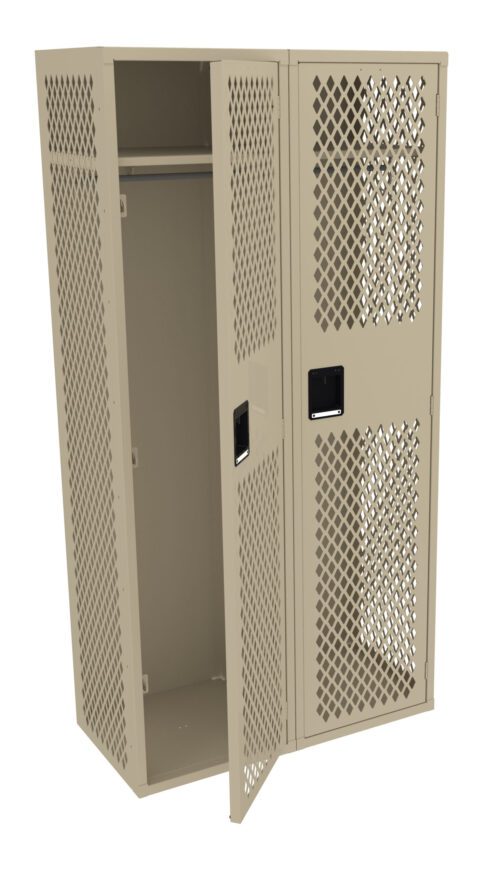 A beige, metal locker with diamond-patterned ventilation holes is shown. One door is open, revealing an empty interior with a shelf and hanging rod. The other door is closed, featuring a black handle.
