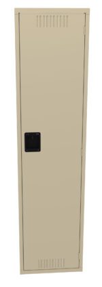 A beige metal locker with a black handle and vent grilles at the top and bottom. The locker door is closed and stands upright.