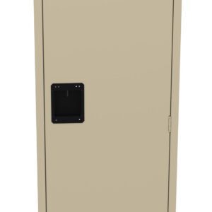 A beige metal locker with a black handle and vent grilles at the top and bottom. The locker door is closed and stands upright.