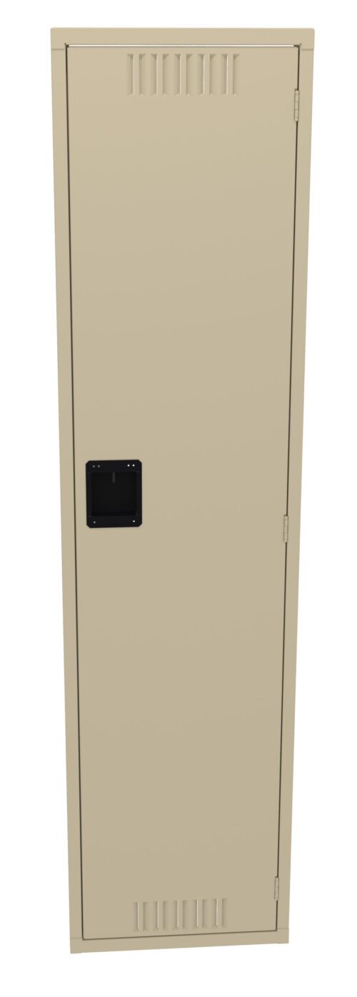 A beige metal locker with a black handle and vent grilles at the top and bottom. The locker door is closed and stands upright.